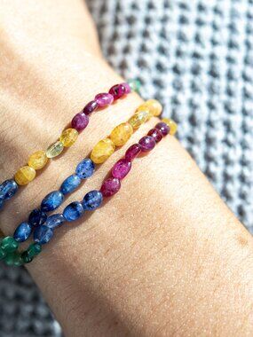 AAA Sapphire Rainbow Beaded Stretch Bracelet Multicolor Ombre Precious Gemstone
